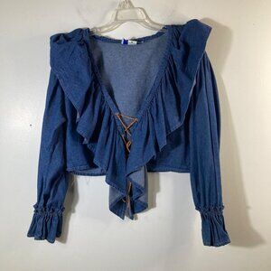 Womens Vintage Cricket Blues Lace Front Denim Crop Top Long Sleeve Blue L